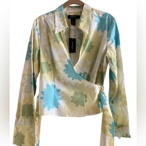 Express Vintage Floral Wrap Blouse - White,Yellow and Blue 100% Cotton